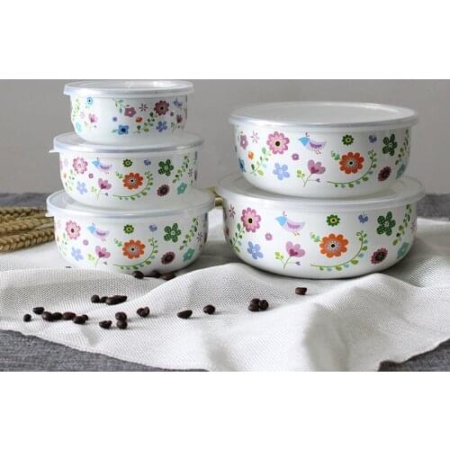 Round bottom sealing thickened refrigerator storage preservation fresh enamel bowl five piece set fresh box lunch box