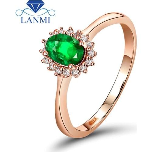Emerald Rings For Women 18k Rose Gold Natural Diamond Gemstone Jewelry Oval 4x6mm Engagement Party Emerald Ring Gift Jewelry