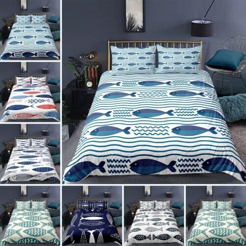 Cartoon Fish Twin Bedding Set King Queen Size Fish Print Duvet Cover 2 Pillowcase Bedspread Bedclothes 2/3pcs Housse De Couette