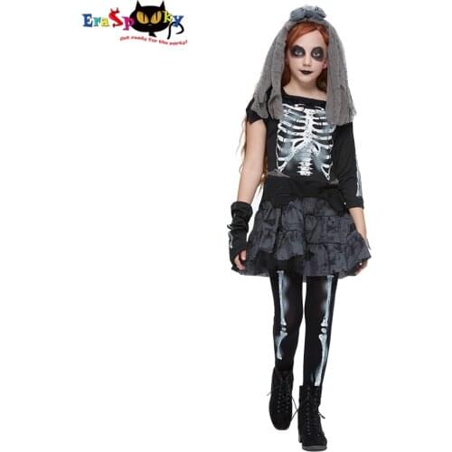 Eraspooky Halloween Costume For Kids Scary Skeleton Zombie Girls Ghost Bride Dress Child Day of the dead Party Fancy Dress
