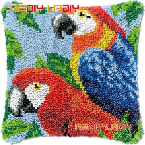 Latch Hook Cushion Two Parrots DIY Needlepoint Kits Chunky Acrylic Yarn Arts Crocheting Lofty Pillow Case Hobby & Crafts