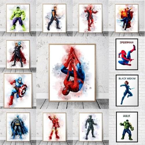 Marvel Superhero Spiderman Poster Avengers Watercolor Canvas Painting Black Widow Loki Movie print Mural Kids Room Home Decor