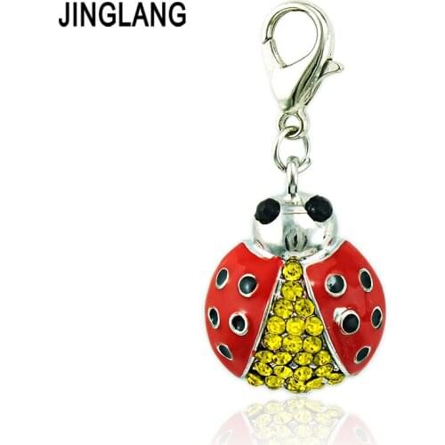 JINGLANG Fashion Lobster Clasp Charms Dangle Rhinestone Red Enamel Ladybird Animal Pendant Charms Jewelry Making DIY Accessories