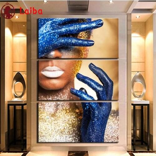 Diamond Mosaic African black woman with fashion make-up round drill Cross Stitch Diamond Painting Full Square Decor For Home3pcs