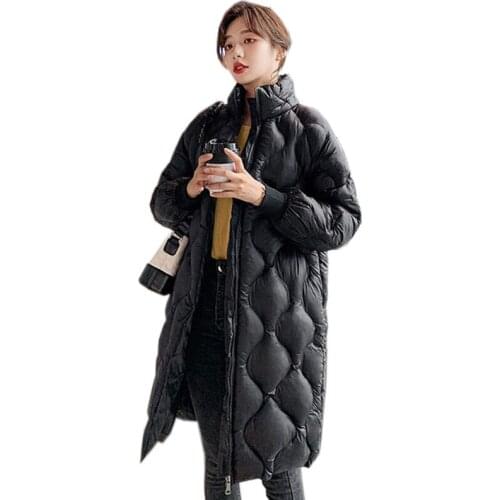 2021 New Fashion Winter Coat Womens Glossy Parkas Down Cotton Long Jacket Black White Khaki Thicken Warm Tops Outerwear KW1141