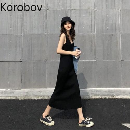 Korobov 2021 Summer New Women Knitted Dress Vintage Solid Sleeveless Tank Top Dresses Korean Basics Slim Vestidos Femme