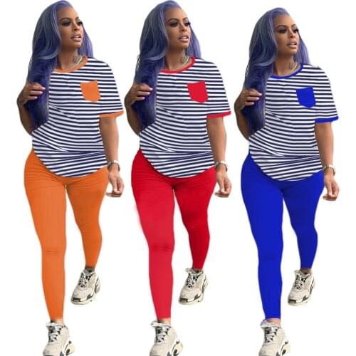 New Summer Sport Womens Set Striped Long Sleeve Tee Tops Legging Pants Suit Active Wear Tracksuit Two Piece Set Fitness Outfits