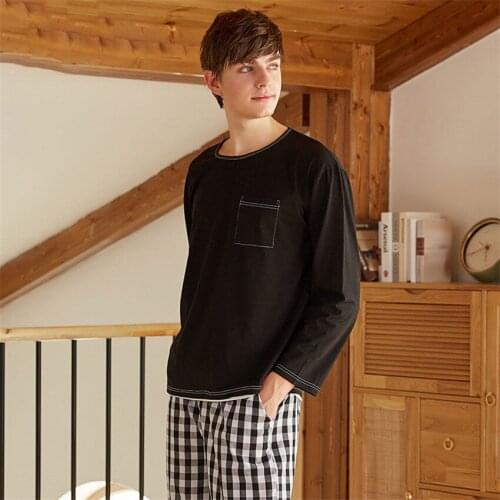 Pajamas Sleeping Suits For Men Cotton Plaid Man Sleepwear Long Sleeve Pijama Hombre Black&White Plaid Male Pyjamas Pajamas Men