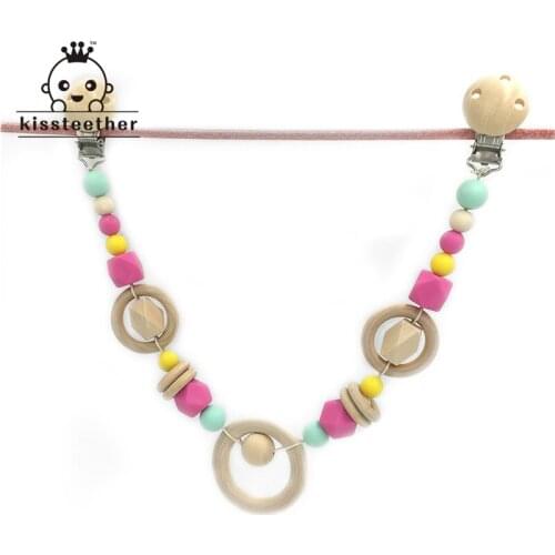 Baby Pacifier Clip Teether Baby Wooden Toys Food Grade BPA Free Silicone Beads Baby Teethers Game Gym Stroller Wooden Teether