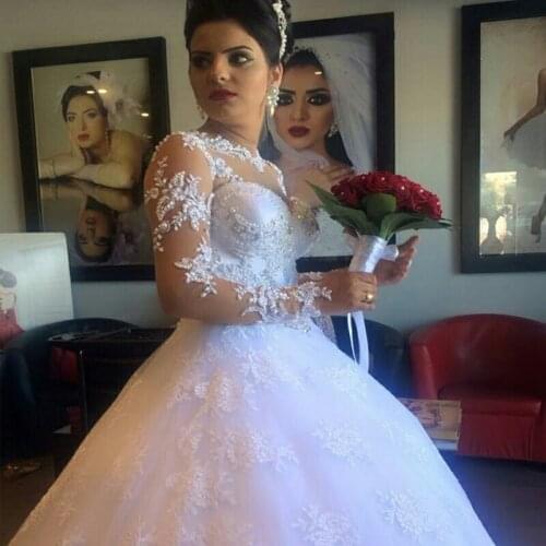Puffy Tulle Ball Gown Wedding Dresses Beaded Vestido de noiva Long Sleeve Robe de mariage Lace Bridal Gowns