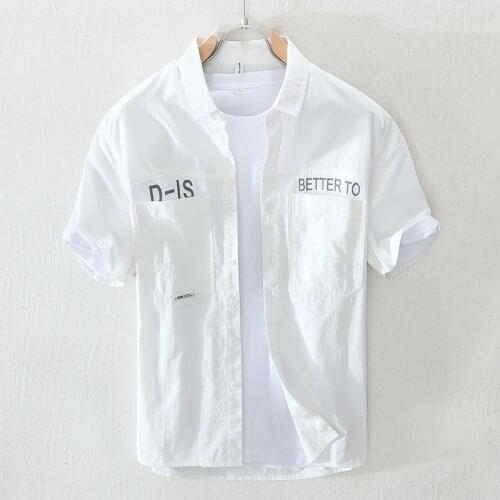9808 Summer Men Trendy Shirts Letter Print Unique Double Pockets Single-Breasted High Street Harajuku Short Sleeves Teens Tops