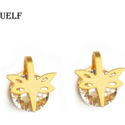Uelf Hot Sale Simple Fashion Dragonfly Stainless Steel Crystal Earrings Jewelry Women Earrings For Wedding Party