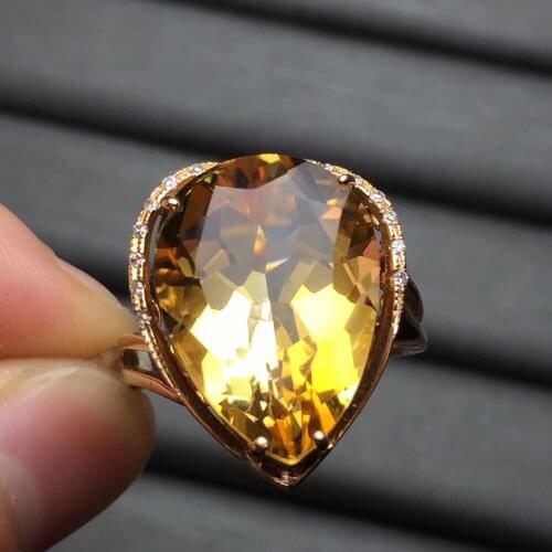 Fine Jewelry Real 18K Rose Gold AU750 water drop Natural Citrine Gemstone Diamonds Female Anniversary Gift Fine Rings