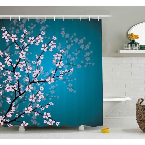 Teal Shower Curtain Pink Blossoms Decor Leaves and Plants Ombre Spring Japanese Sakura Flowers in Garden Park Bath Curtains