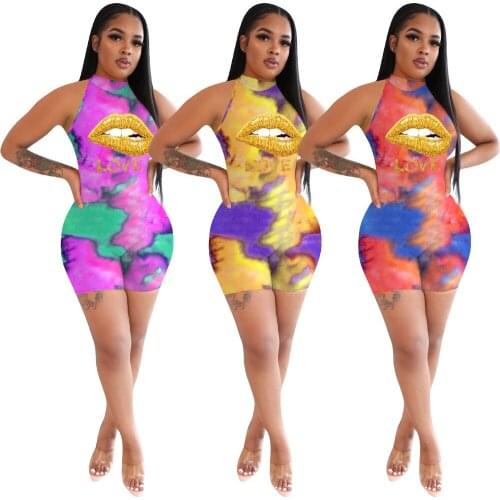 HAOOHU Womens Clothing New Style Summer Womens fashion Casual Sports Tie-dye Lips LOVE Printing Slim-fit Jumpsuit