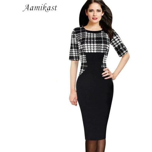 Women Dresses Hot Sale Elegant O-neck Middle Sleeve Patchwork Pencil Bodycon Women Dresses Size S M L XL XXL XXXL