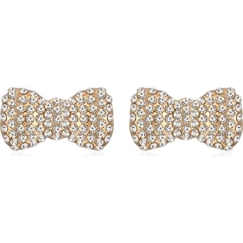 Hip Hop Gold Alloy Rhinestone Cute Bow Stud Earrings Womens Small Lovely Trendy Wedding Accessory Costume Cocktail Party Jewelry