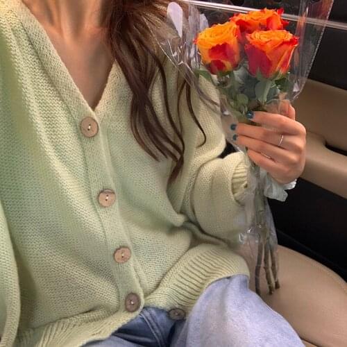 Sweet Solid Long Sleeve Knit Cardigan Womens Autumn Loose Sunscreen V-neck Casual Crop Tops Single Breasted Streetwear