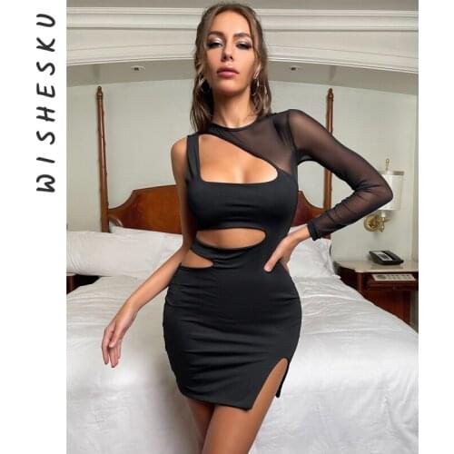 Sexy One Shoulder Long Sleeve Clothing Womens Irregular Mesh Patchwork Round Neck Hollow Out Mini Dresses 2021 Summer