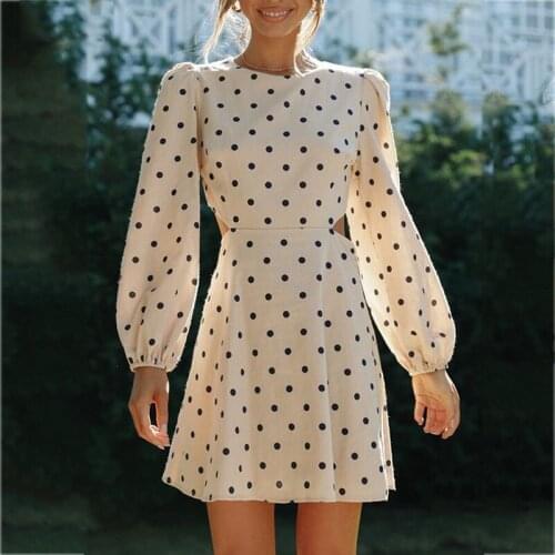 Foridol Polka Dot Long Sleeve Beige Autumn Winter Dress Women Sexy Backless Vintage Offce Ladies Short Dress 2021party Dress