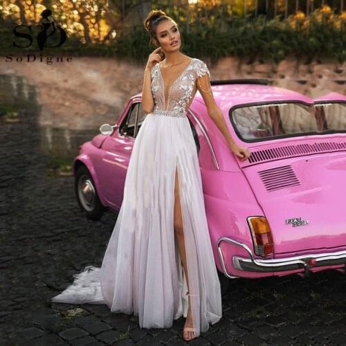 SoDigne Wedding Dress Boho Beads Lace Appliques Modern Bridal Dress Sexy V Neck Side Split Tull Wedding Gown Plus Size