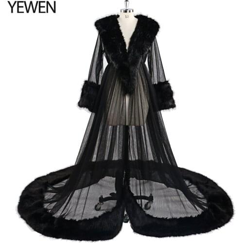 Tulle Fur V Neck Evening Dress See Through Full Sleeves Evening Gowns for Women Vestidos De Fiesta YEWEN