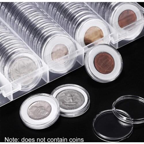 100 pcs 25mm Plastic Coin Capsules Container with Storage Box and Foam Gasket for Coin Collection Coin Display Case Organizer