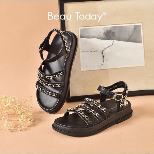 BeauToday Sandals Platform Women Cow Leather Narrow Band Metal Chain Ankle Strap Designer Beach Female Casual Shoes 34510