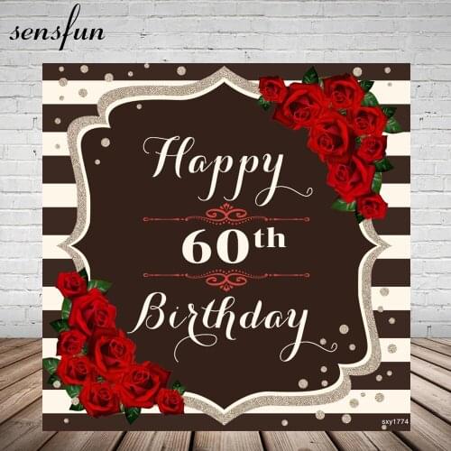 Sensfun Women Happy 60th Birthday Party Backgrounds For Photo Studio Red Rose Flowers Black White Striped Photography Backdrop