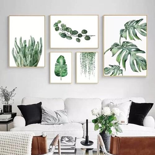 Green Watercolor Leaves Plants Poster Scandinavian Style Decorative Picture Modern Wall Art Paintings For Living Room Home Decor