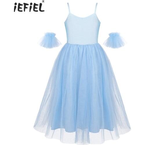 Iefiel Ballerina Ballet Dance Dress Children Girls Ballet Romantic Princess Girls Dress Spaghetti Shoulder Strap Mesh Long Dress