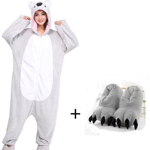 Flannel Koala Pajamas Animal Onesies For Adults One-Piece Kigurumi Pijamas Women Sleepwear Slippers Cosplay Costume Halloween