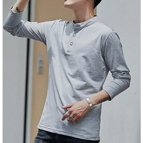 Autumn T Shirt Mens Long Sleeve Men T-shirt Full Casual Stand Regular Solid Worsted Cotton White Black Grey T-shirts Tees Tops