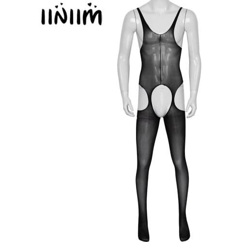 Mens Bodystocking Transparent Teddies Fetish Hollow Out Open Crotch Sissy Fishnet Bodysuit Crotchless Full Body Pantyhose