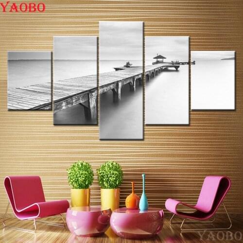 5 Pieces full round diamond embroidery Black and white sea Wharf diy 5d diamond painting Rhinestone Cross Stitch mosaic pattern