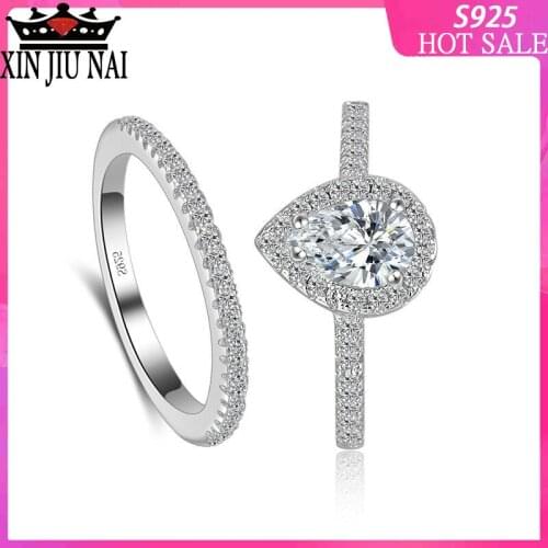 Real 925 sterling-silver 2/ sets ater Drop Rings For Women White & Pink Colors Bridal Wedding Engagement Ring Fine Jewelry