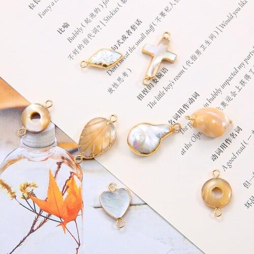 Natural Shell Five-pointed Star/Round/Cross/Heart/Leaves Shape Pendant Copper Plated Edged Hanging DIY Necklace Bracelet