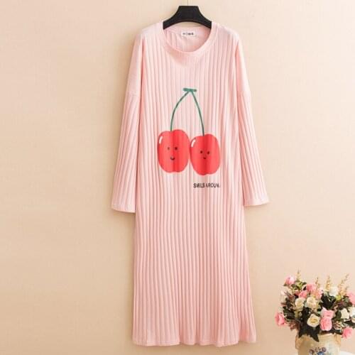 Pure Cotton Night Dress Autumn Long Sleeve Plus Big Size Sleep Dresses Cute Cherry Prints nightgown Round Neck Sleepwear