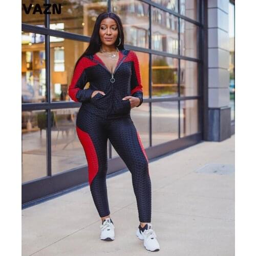 VAZN 2020 New Patchwork V-neck Young Sport Running Casual Solid Outfits Tracksuits Sexy Full Sleeve Full Pants Set