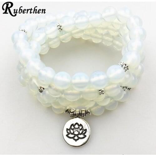 Ruberthen 2017 New Design Women`s 108 Mala Bracelet Opal Natural Stone Lotus Charm Necklace Yogi Balance Gift For Her