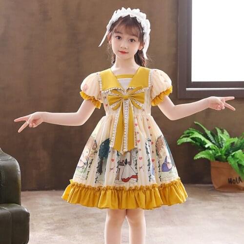 3-12 Years Old Princess Dress Girls Golden Yellow Dress Printed Childrens Lolita Short Sleeves Kids Costume for Birthday 2021