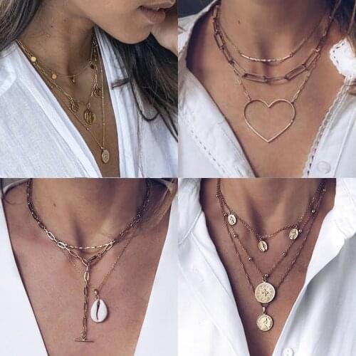 Fashion Coin Heart Layered Choker Necklace For Women Jewelry Boho Shell Long Charm Pendant Necklaces Thick Chain Collares