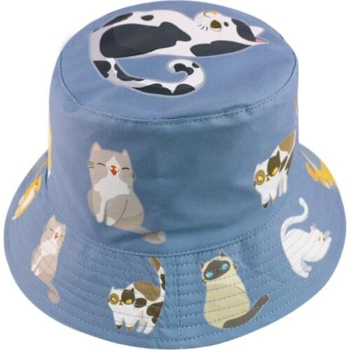 New Cute Double-side Animal Print Fisherman Panama Caps Sun Bob Chapeau Cat Bucket Hats For Women Ladies Mother Gifts