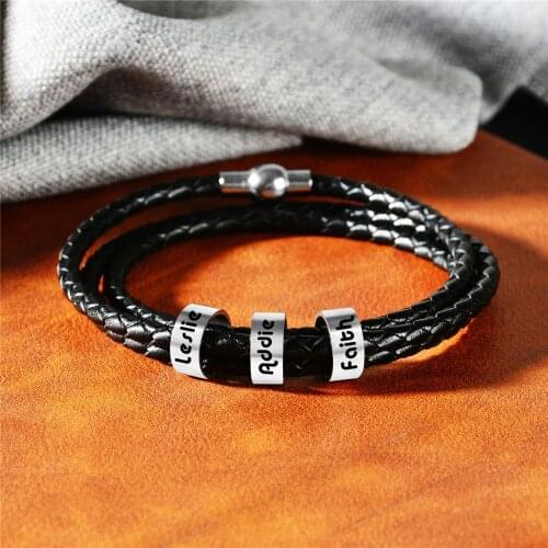 Personalized Jewelry Women Mens Stainless Steel Charm Bracelets Genuine Leather Braided Rope Custom With 1-9 Names Beads Gift