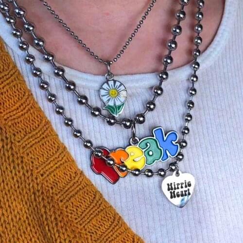 Harajuku Charm Rainbow Heart Letter Flower Pendant Necklace For Women Cool Cute Fashion Nightclub Plant Choker Necklace Jewelry