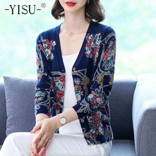 YISU Sweaters Cardigan Women soft Cardigan Long Sleeve V-neck Single breasted Printed sweater cardigan Autumn Sweaters Coat