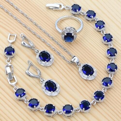 Egg Sapphire Jewelry 925 Sterling Silver Jewelry Set Woman Wedding Accessories Open Ring Earring Pendant Bracelet Chain
