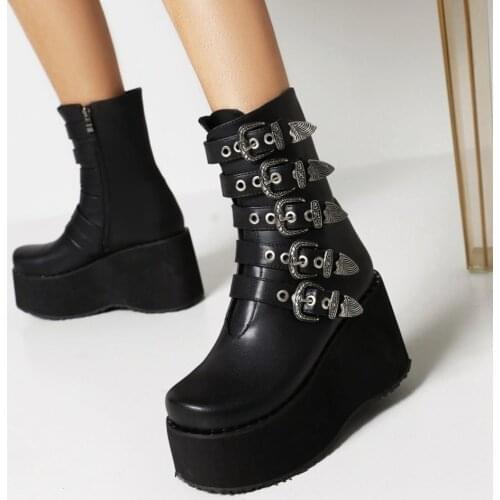 Womens Platform Belt Metal Buckle Ankle Boots Wedge High Heel Shoes Punk Motorcycle Dark JK Black White Plus Size 46 47 48