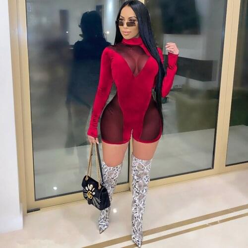Sexy Velvet Mesh Sheer Women Jumpsuit Romper Bodycon Playsuit 2020 Turtleneck Long Sleeve Jumpsuits One Piece Night Club Outfits