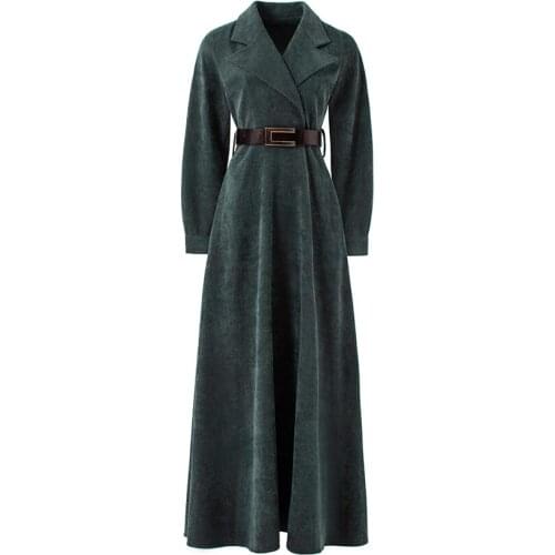 2020 Fashion Autumn Winter Corduroy Maxi Sleeve Women High Waist Long Dress Green Vestidos